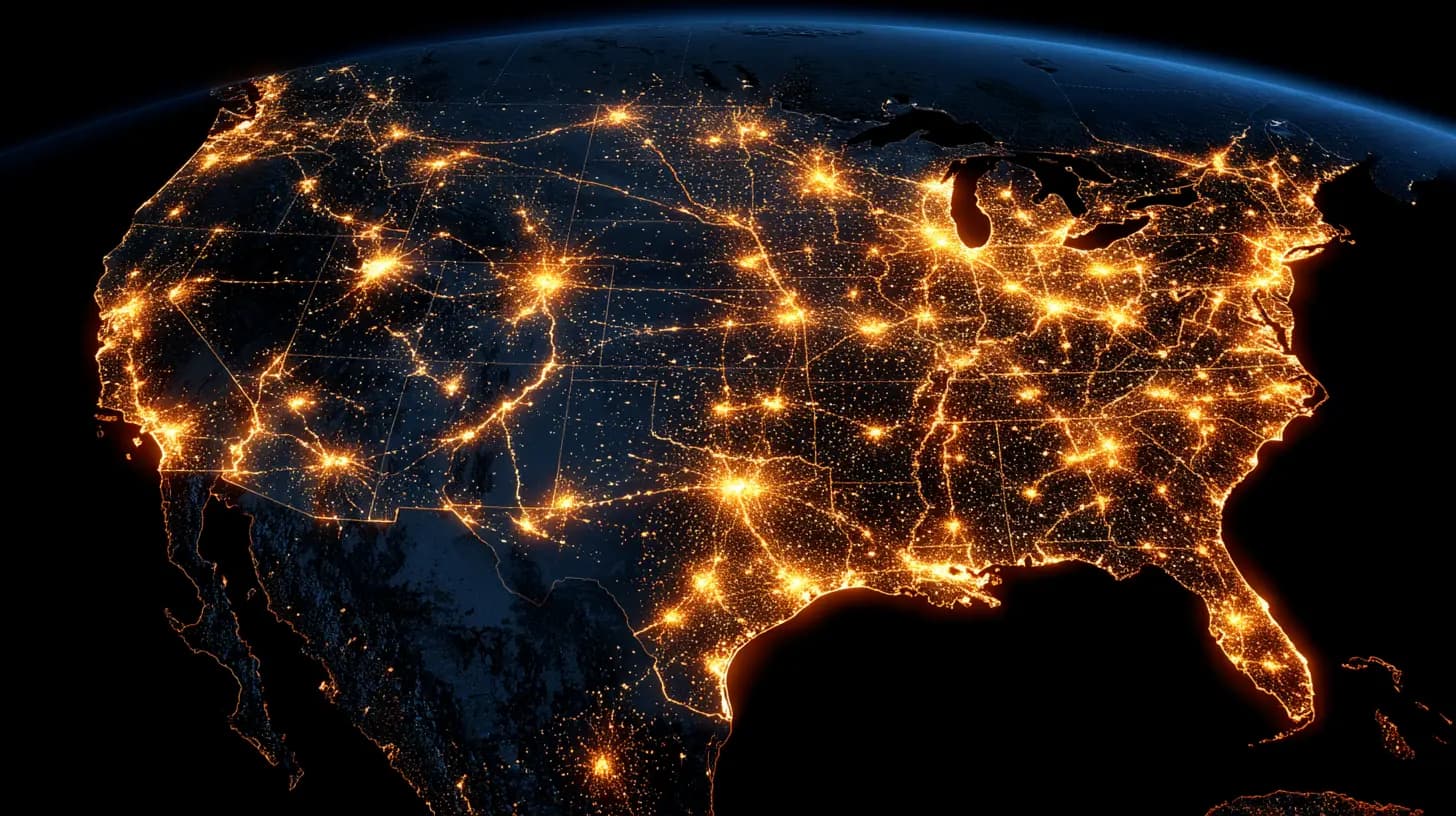 Aerial view of American landscape at dusk with glowing route lines connecting cities