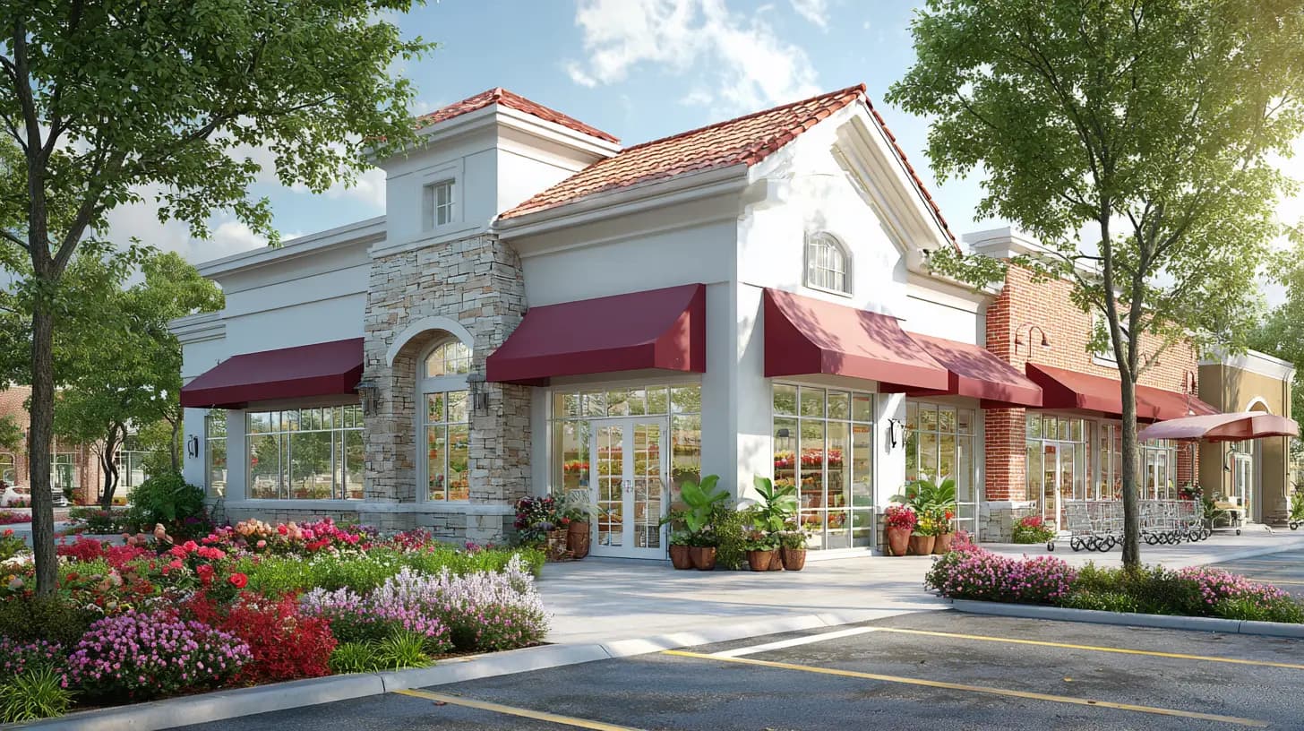 Specialty grocery storefront with flowering plants and warm awnings