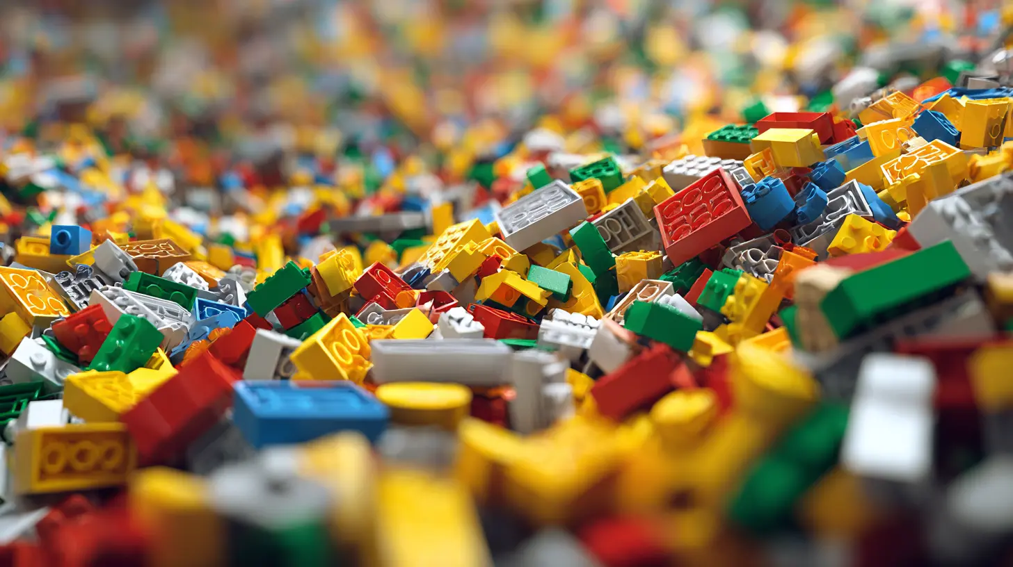 Overhead photograph of thousands of loose colorful LEGO bricks filling the frame