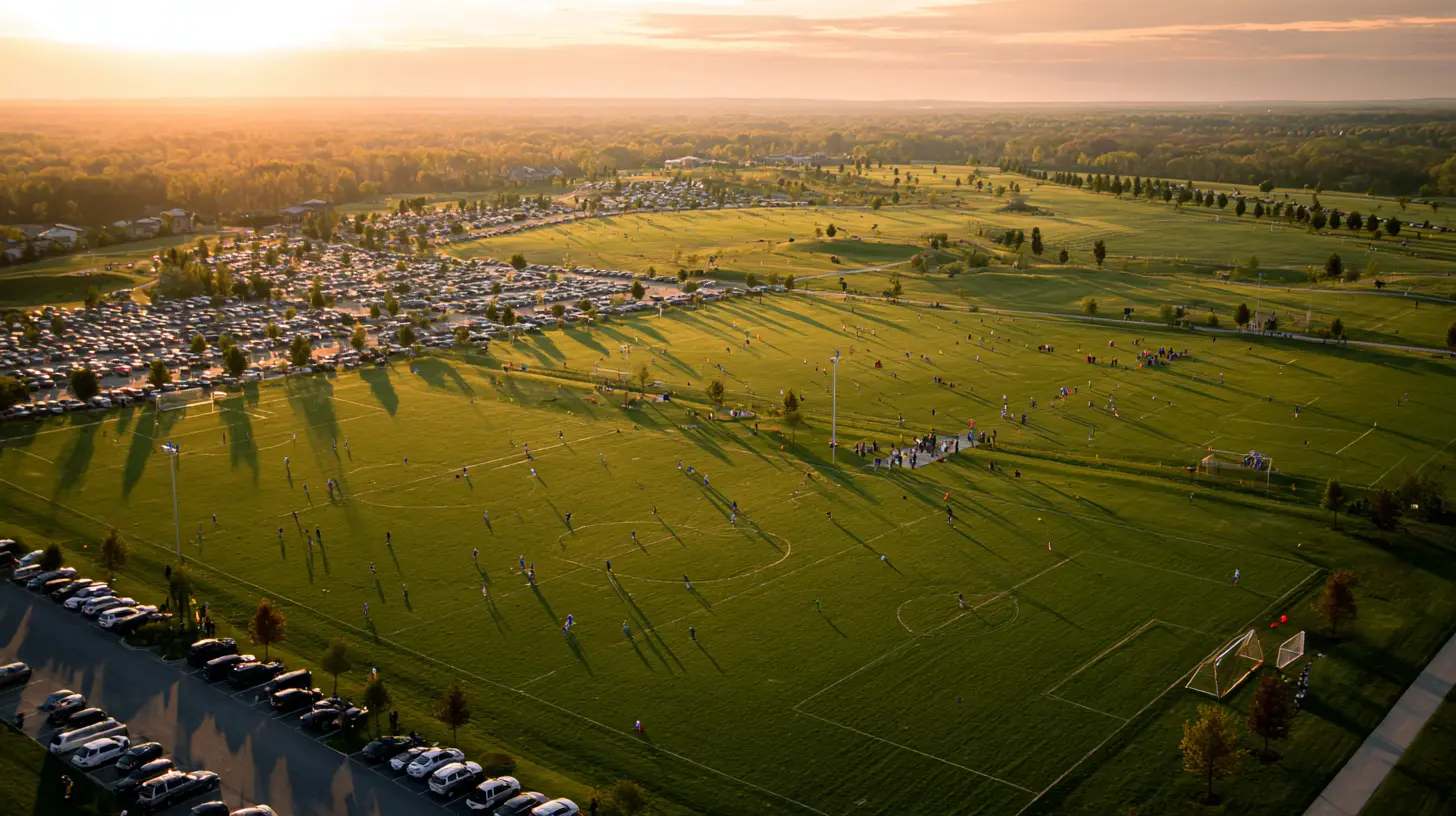 Aerial photograph of a youth soccer complex at golden hour with dozens of fields, long shadows, and parked cars lining the perimeter
